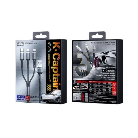 WK Design Gaming Series kabel 3w1 z końcówkami USB - USB Typ C / Lightning / micro USB 1,2m 3A czarny (WDC-150)