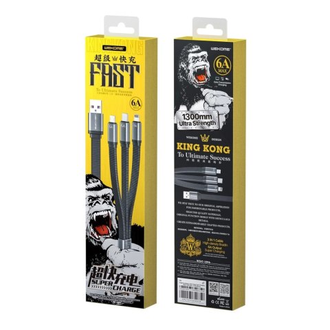 WK Design kabel 3w1 do szybkiego ładowania / transmisji danych USB - USB Typ C / Lightning / micro USB 6A biały (WDC-157th)