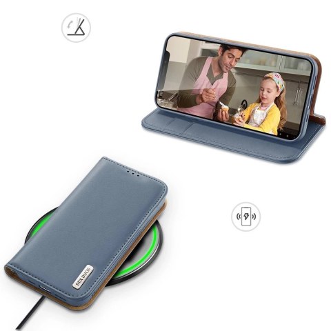 Dux Ducis Hivo skórzane etui z klapką pokrowiec ze skóry naturalnej portfel na karty i dokumenty iPhone 13 Pro Max niebieski
