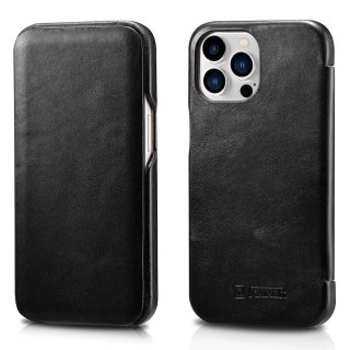 ICarer Curved Edge Vintage Folio skórzane etui pokrowiec ze skóry naturalnej iPhone 13 Pro Max czarny (RIX1304-BK)