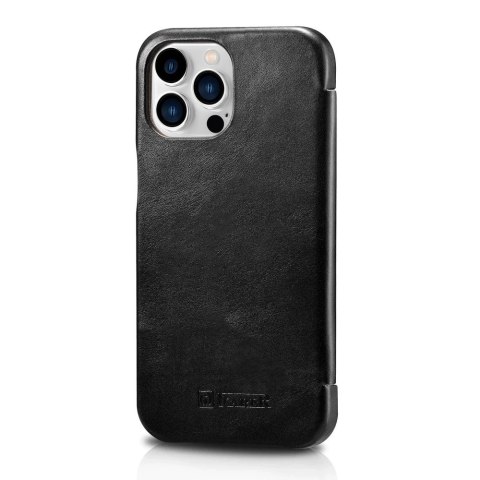 ICarer Curved Edge Vintage Folio skórzane etui pokrowiec ze skóry naturalnej iPhone 13 Pro Max czarny (RIX1304-BK)