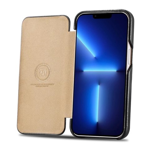ICarer Curved Edge Vintage Folio skórzane etui pokrowiec ze skóry naturalnej iPhone 13 Pro Max czarny (RIX1304-BK)