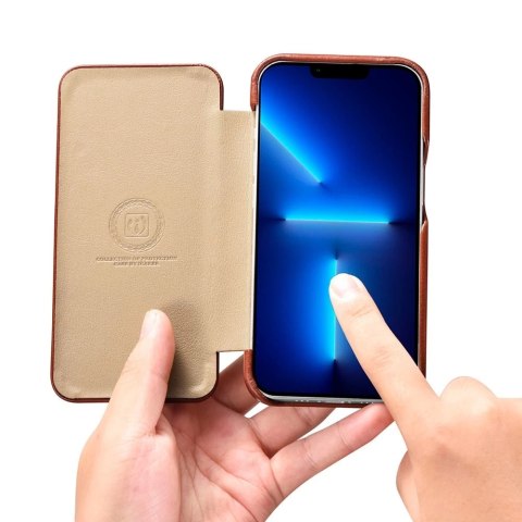 ICarer Curved Edge Vintage Folio skórzane etui pokrowiec ze skóry naturalnej iPhone 13 Pro brązowy (RIX1303-BN)