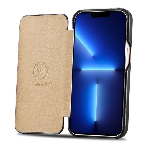 ICarer Curved Edge Vintage Folio skórzane etui pokrowiec ze skóry naturalnej iPhone 13 Pro czarny (RIX1303-BK)