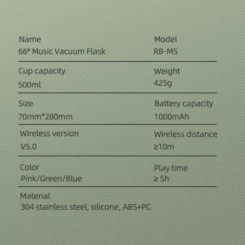 Remax bezprzewodowy głośnik bluetooth 5.0 z termosem kubkiem termicznym 500ml zielony (RB-M5)
