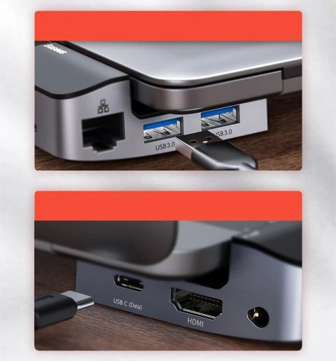 Baseus podstawka wielofunkcyjny HUB USB Typ C - USB 3.0 / RJ45 / 3,5 mm mini jack / HDMI / USB Typ C / Thunderbolt 3 do MacBook 