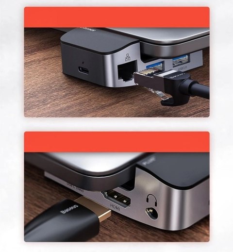 Baseus podstawka wielofunkcyjny HUB USB Typ C - USB 3.0 / RJ45 / 3,5 mm mini jack / HDMI / USB Typ C / Thunderbolt 3 do MacBook 