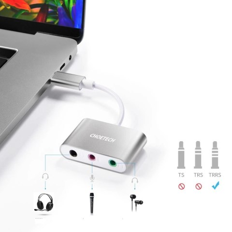 Choetech przejściówka adapter USB Typ C - mini jack 3,5mm słuchawki / mikrofon szary (HUB-A02GY)