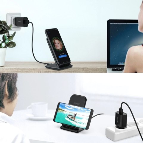 Choetech zestaw dwucewkowa ładowarka bezprzewodowa Qi stojak 10W czarny (T555-S) + ładowarka sieciowa USB 18W Power Delivery cza