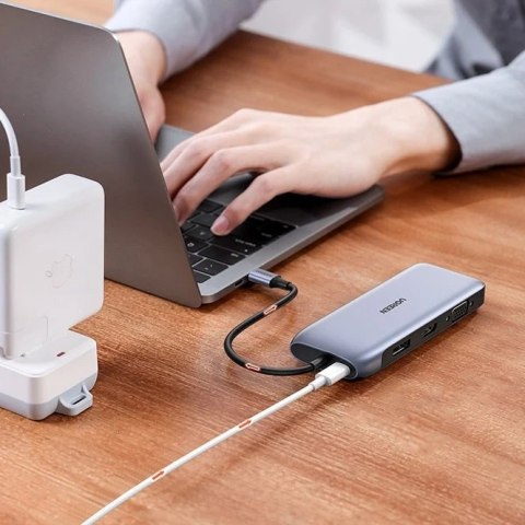 Ugreen wielofunkcyjny HUB 9w1 USB Typ C - HDMI, DP, VGA, 2 x USB, RJ45 Ethernet, czytnik kart SD/TF, USB Typ C PD 100W szary (CM