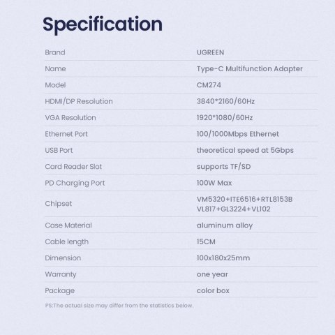 Ugreen wielofunkcyjny HUB 9w1 USB Typ C - HDMI, DP, VGA, 2 x USB, RJ45 Ethernet, czytnik kart SD/TF, USB Typ C PD 100W szary (CM