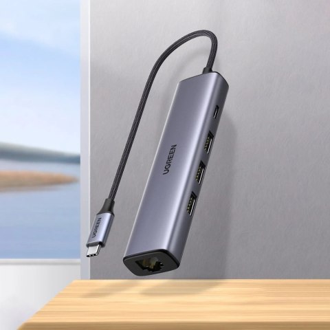 Ugreen wielofunkcyjny adapter HUB USB Typ C - 3 x USB / Ethernet RJ-45 / USB Typ C PD szary (CM475)