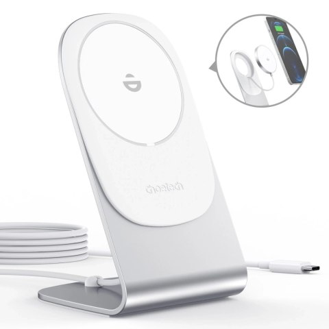 Choetech magnetyczna ładowarka bezprzewodowa Qi 15W (kompatybilna z MagSafe) biały (T517-F) + stojak uchwyt srebrny