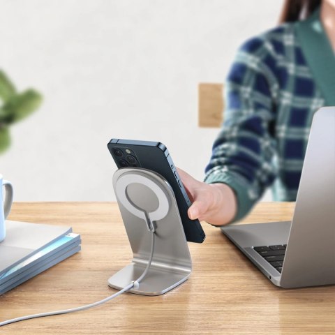 Choetech magnetyczna ładowarka bezprzewodowa Qi 15W (kompatybilna z MagSafe) biały (T517-F) + stojak uchwyt srebrny