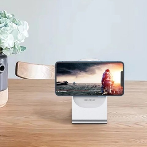 Choetech magnetyczna ładowarka bezprzewodowa Qi 15W (kompatybilna z MagSafe) biały (T517-F) + stojak uchwyt srebrny