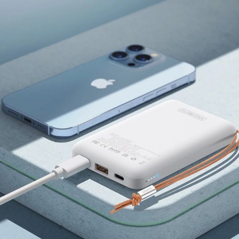 Duzzona magnetyczny powerbank 10000 mAh z funkcją ładowania bezprzewodowego (MagSafe, Qi) USB-A / USB-C 22,5W biały (W5)
