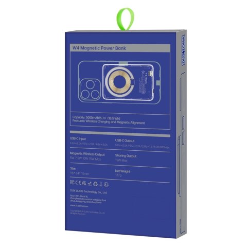Duzzona magnetyczny powerbank 5000 mAh z funkcją ładowania bezprzewodowego (MagSafe, Qi) USB-C 20W biały (W4)