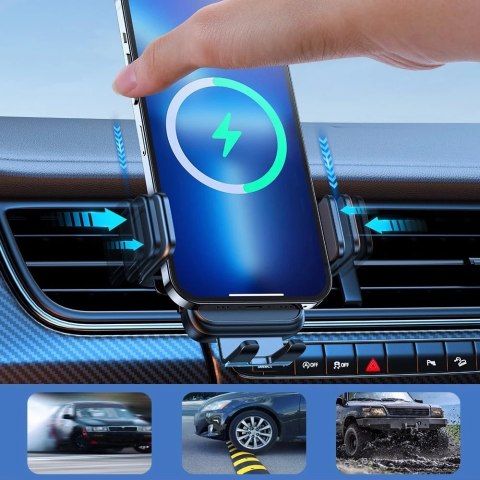 Joyroom automatyczny uchwyt samochodowy ładowarka indukcyjna 15W Qi na kratkę wentylacyjną nawiew czarny (JR-ZS298 air vent)