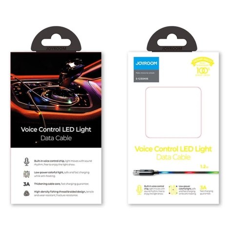 Joyroom wytrzymały kabel przewód USB - USB Typ C z reagującym na dźwięk podświetleniem LED 2,4A 1,2m szary (S-1230N16)