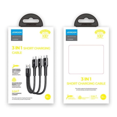 Joyroom 3w1 krótki kabel przewód USB - Lightning / USB Typ C / micro USB 3,5A 15cm czarny (S-01530G9 LCM black)