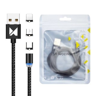 Wozinsky magnetyczny kabel przewód USB / micro USB / USB Typ C / Lightning 2,4A 1m z diodą LED czarny (WMC-01)