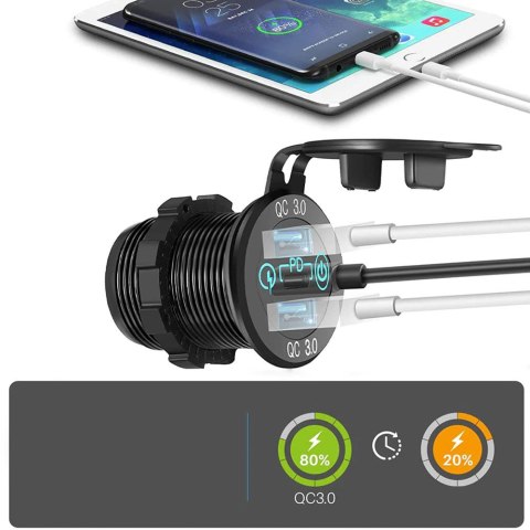 Ładowarka samochodowa LED gniazdo Alogy Mini Car Charge do motocykla zasilacz konektory Alogy 2x USB QC 3.0 + USB-C PD 60W