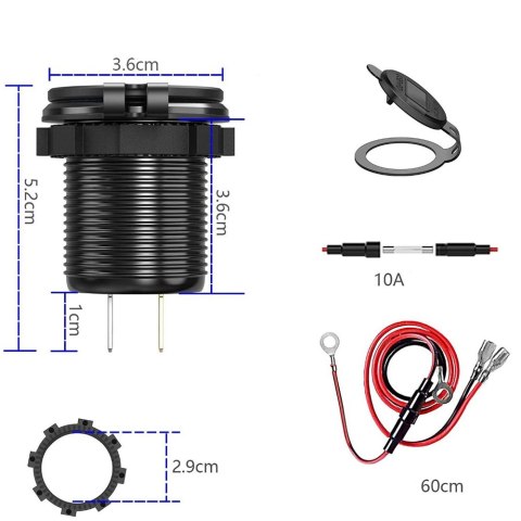 Ładowarka samochodowa LED gniazdo Alogy Mini Car Charge do motocykla zasilacz konektory Alogy 2x USB QC 3.0 + USB-C PD 60W
