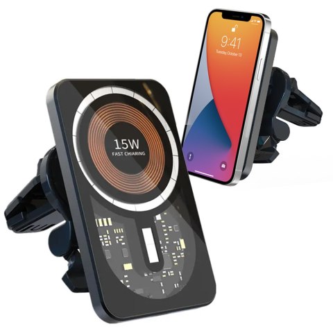 Uchwyt samochodowy indukcyjny magnetyczny QI 15W Alogy z ładowarką indukcyjną z MagSafe do kratki Czarny