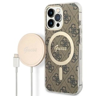 Zestaw Guess GUBPP13LH4EACSW Case+ Charger iPhone 13 Pro brązowy/brown hard case 4G MagSafe Print