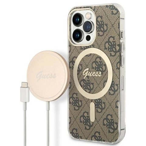 Zestaw Guess GUBPP13LH4EACSW Case+ Charger iPhone 13 Pro brązowy/brown hard case 4G MagSafe Print