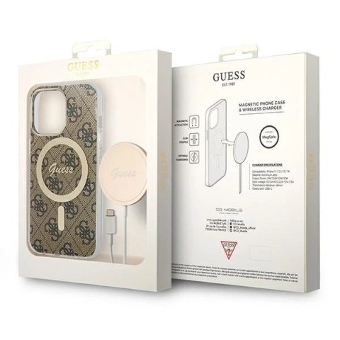Zestaw Guess GUBPP13LH4EACSW Case+ Charger iPhone 13 Pro brązowy/brown hard case 4G MagSafe Print