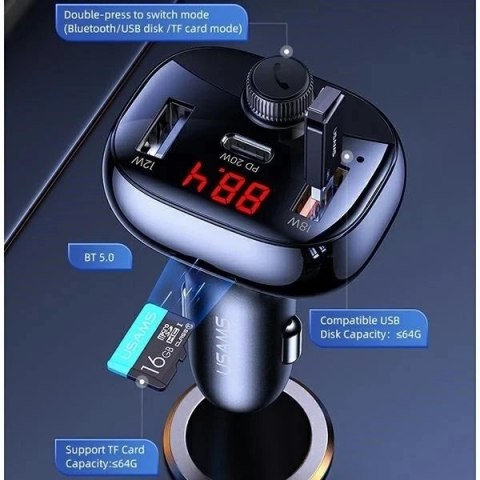 Zestaw głośnomówiący do auta USAMS C25 50W z transmiterem FM, Bluetooth, MP3, 2xUSB / USB-C CC143TC01 (US-CC143) czarny/black