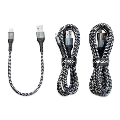 Joyroom N10 King Kong series zestaw 3 x nylonowy kabel przewód USB - Lightning (0.25m + 1.2m + 2m) 2,4A szary
