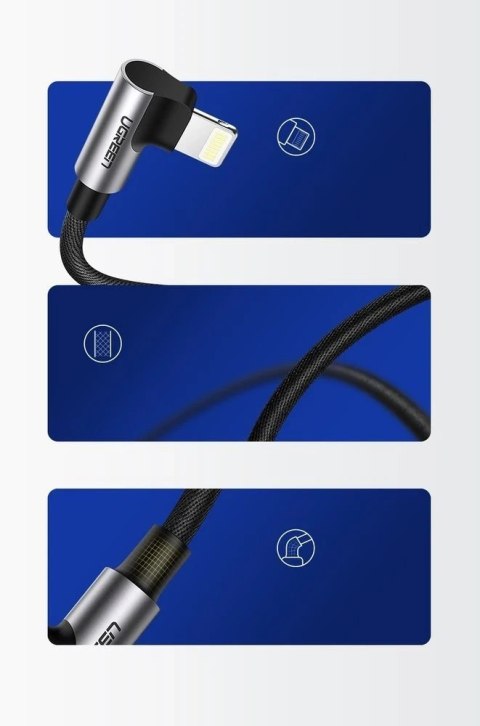 Kątowy kabel UGREEN przewód USB - Lightning MFI 1m 2,4A czarny (60521)