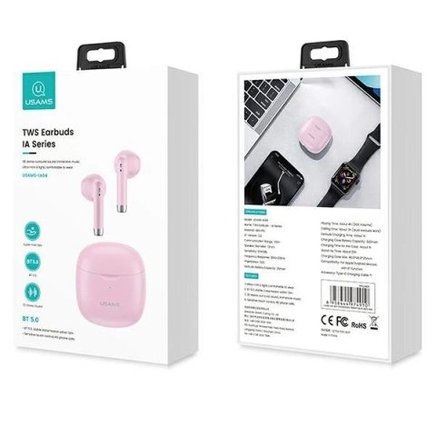 Słuchawki Bluetooth 5.0 USAMS TWS IA series bezprzewodowe różowy/pink BHUIA04 (US-IA04)