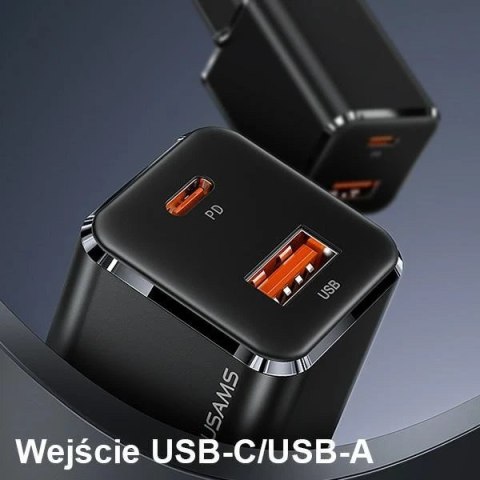 USAMS Ładowarka sieciowa 1xUSB-C+1xUSB T43 33W PD3.0 +QC3.0 + kabel U63 USB-C na lightning czarny/black USKTZ01