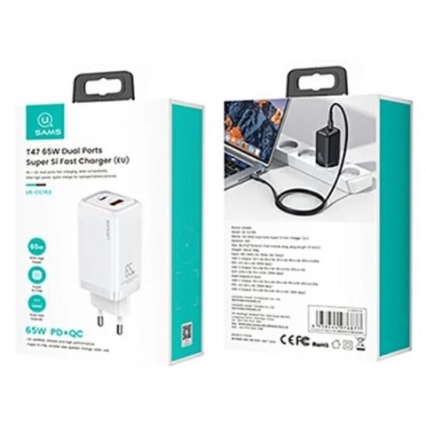 USAMS Ładowarka sieciowa 1xUSB-C+1xUSB T47 65W PD Fast Charging Super Si biały/white CC153TC02 (US-CC153)