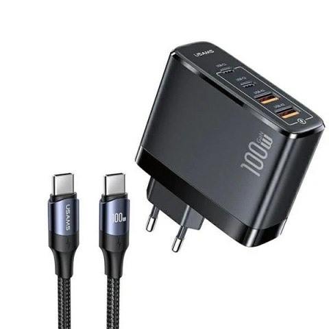 USAMS Ładowarka sieciowa 2xUSB-C+2xUSB T44 100W PD3.0 +QC3.0 Fast Charging + kabel U71 USB-C na USB-C czarny/black UCTZ01