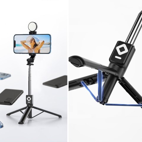 Selfie stick Uchwyt na telefon statyw z podwójną lampą Ring LED Tripod z pilot Bluetooth Czarny