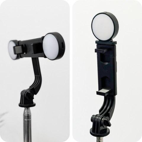 Selfie stick Uchwyt na telefon statyw z podwójną lampą Ring LED Tripod z pilot Bluetooth Czarny