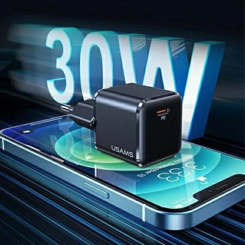 USAMS Ładowarka sieciowa 1x USB-C T45 30W PD3.0 Fast Charging + kabel U63 USB-C/Lightning czarny/black UXTZH01 (USAMS-UX)