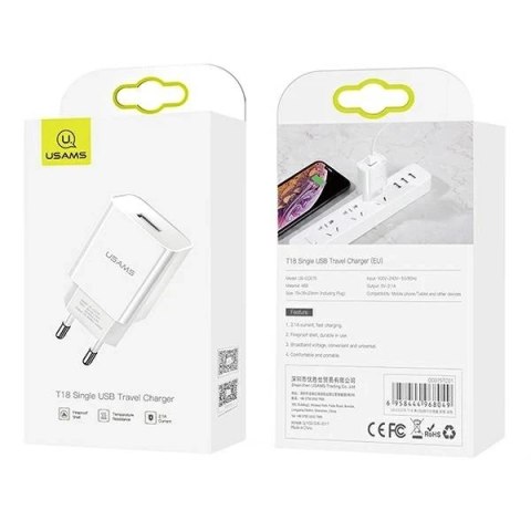 USAMS Ładowarka sieciowa 1x USB T18 2,1A (only head) biały/white Fast Charging CC075TC01