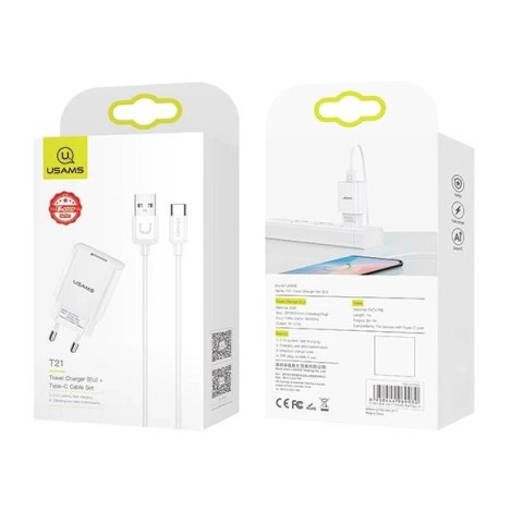 USAMS Ładowarka sieciowa 1xUSB T21 USB-C biały/white 2,1A + Kabel Fast Charging T21OCTC01