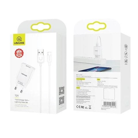 USAMS Ładowarka sieciowa 1x USB T21 lightning biały/white 2,1A Fast Charging T21OCLN01