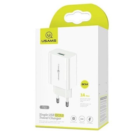 USAMS Ładowarka sieciowa 1x USB T22 18W 3A QC3.0 + kabel USB-C 1m biały/white (T48) T48OCLN01