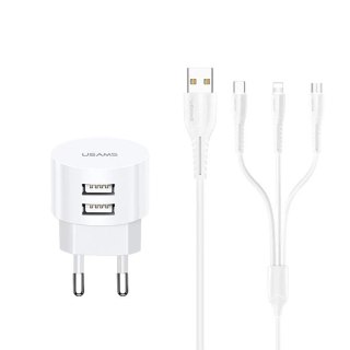 USAMS Ładowarka sieciowa 2xUSB T20 2,1A + kabel 3w1 (lightning+microUSB+USB-C) biały/white round Fast Charging XTXLOGT203101