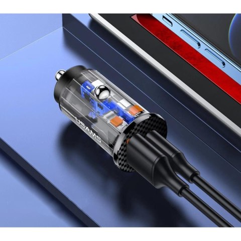 USAMS Ład. sam. USB+USB-C C25 42.5W Fast Charge transparent niebieski/blue CC127CC02 (US-CC127)