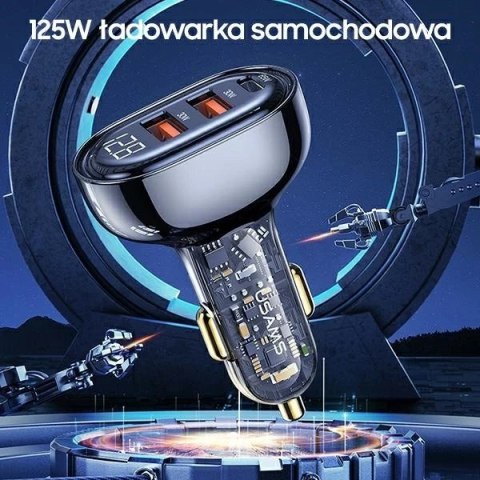 USAMS Ładowarka samochodowa 2xUSB+1xUSB-C 125W Fast Charge transparent blue CC158CC02 (US-CC158)