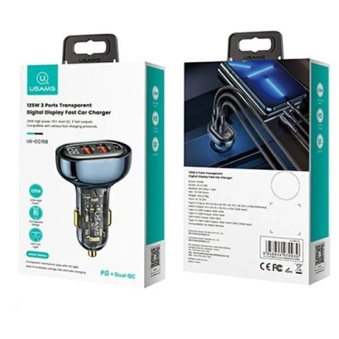 USAMS Ładowarka samochodowa 2xUSB+1xUSB-C 125W Fast Charge transparent blue CC158CC02 (US-CC158)