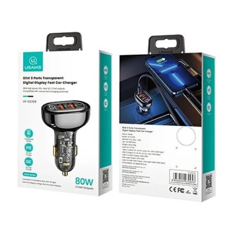 USAMS Ładowarka samochodowa 2xUSB+1xUSB-C 80W Fast Charge czarny/black CC159CC01 (US-CC159)